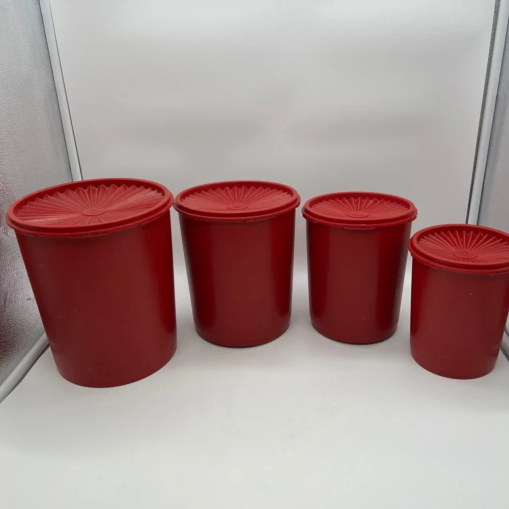 Tupperware Servalier Canister Set 4pc Red Tulip Quilt Vintage 70s Sunburst Lid